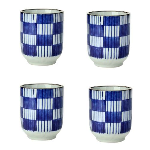 4Pcs Japanese Style Blue White Blocks Ceramic Teacups Small Straight Wine Cups 150ML