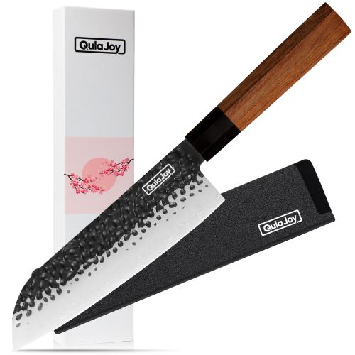 Qulajoy 7 Inch Santoku Knife - Professional Japanese Chef Knife - Razor Sharp 9cr18mov Blade - Hammered Kitchen Knife - Octagonal Rosewood Handle With